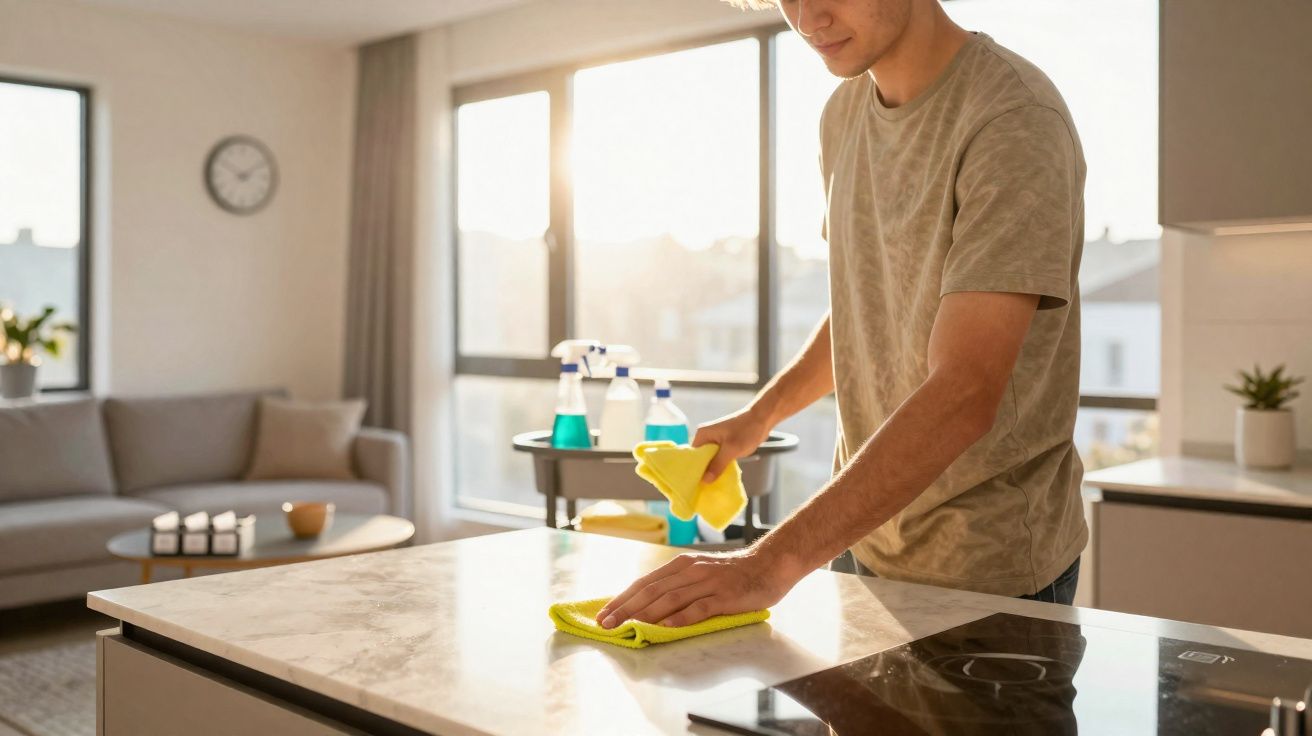 Homem a limpar bancada de cozinha moderna com pano amarelo e produtos de limpeza atrás.