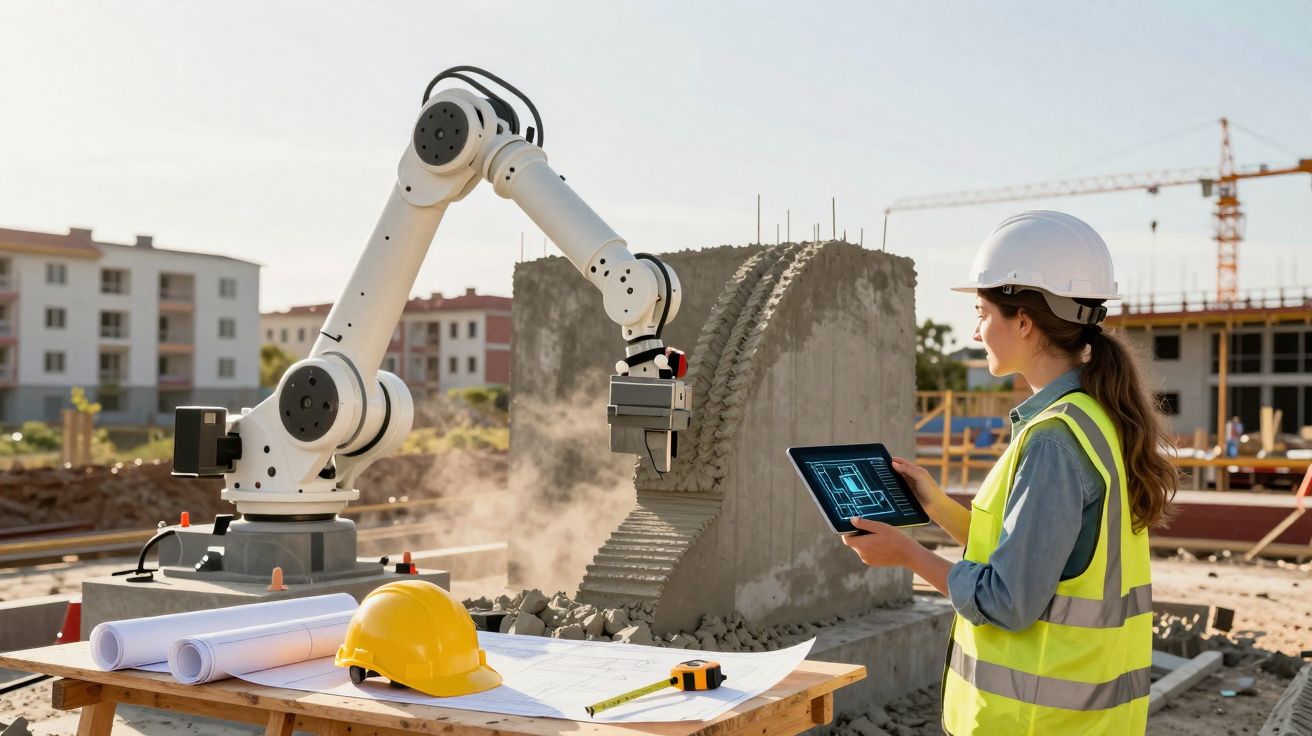 Mulher com capacete e colete controla braço robótico que constrói bloco de cimento numa obra.