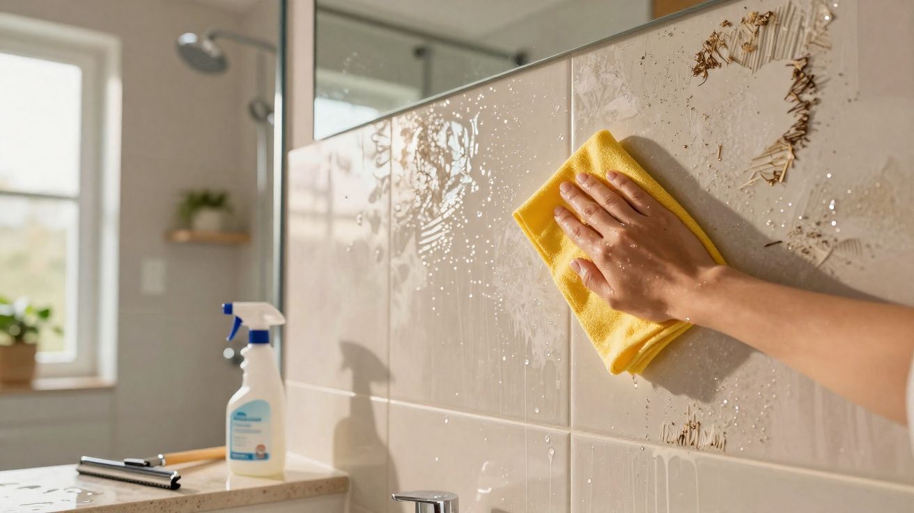 Mão a limpar azulejos da parede de casa de banho com pano amarelo e spray de limpeza ao lado.
