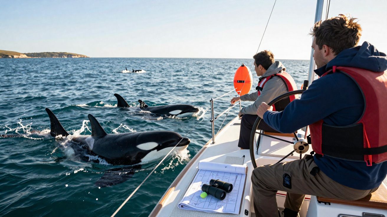 Duas pessoas num veleiro observam orcas que nadam próximas na água calma durante o dia.
