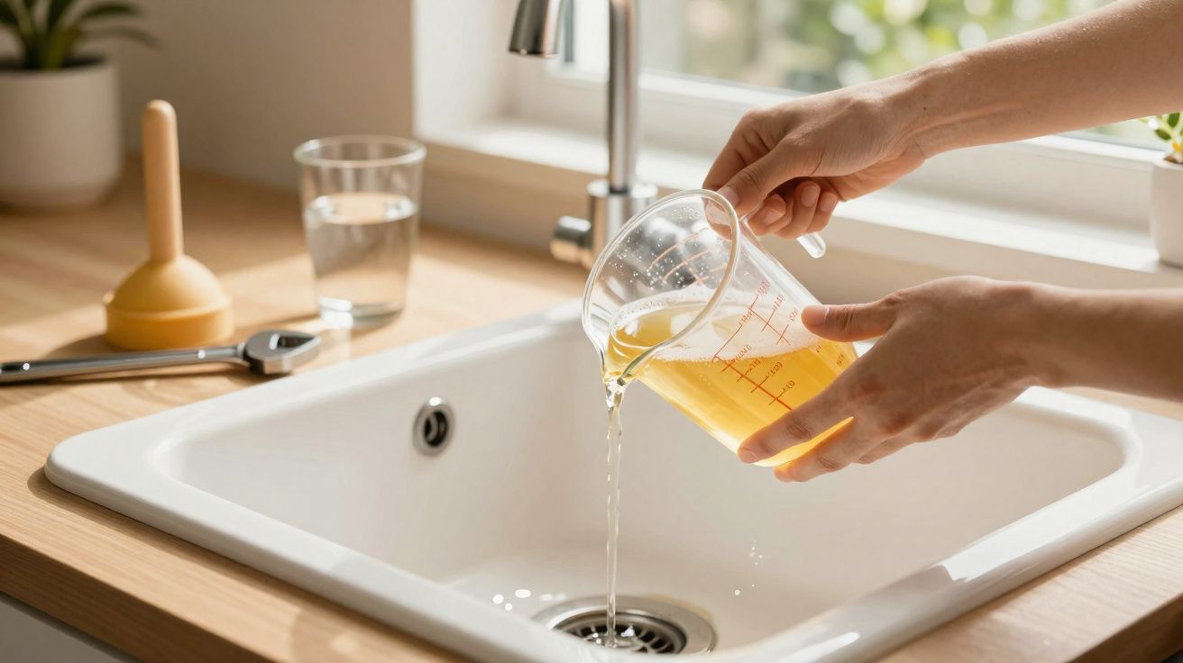 Mãos a verter líquido amarelo de copo medidor para lava-loiça, com acessórios de canalização na bancada.