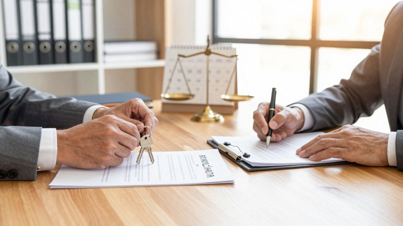 Duas pessoas em reunião, com contrato e chaves na mesa, simbolizando negociação imobiliária ou legal.