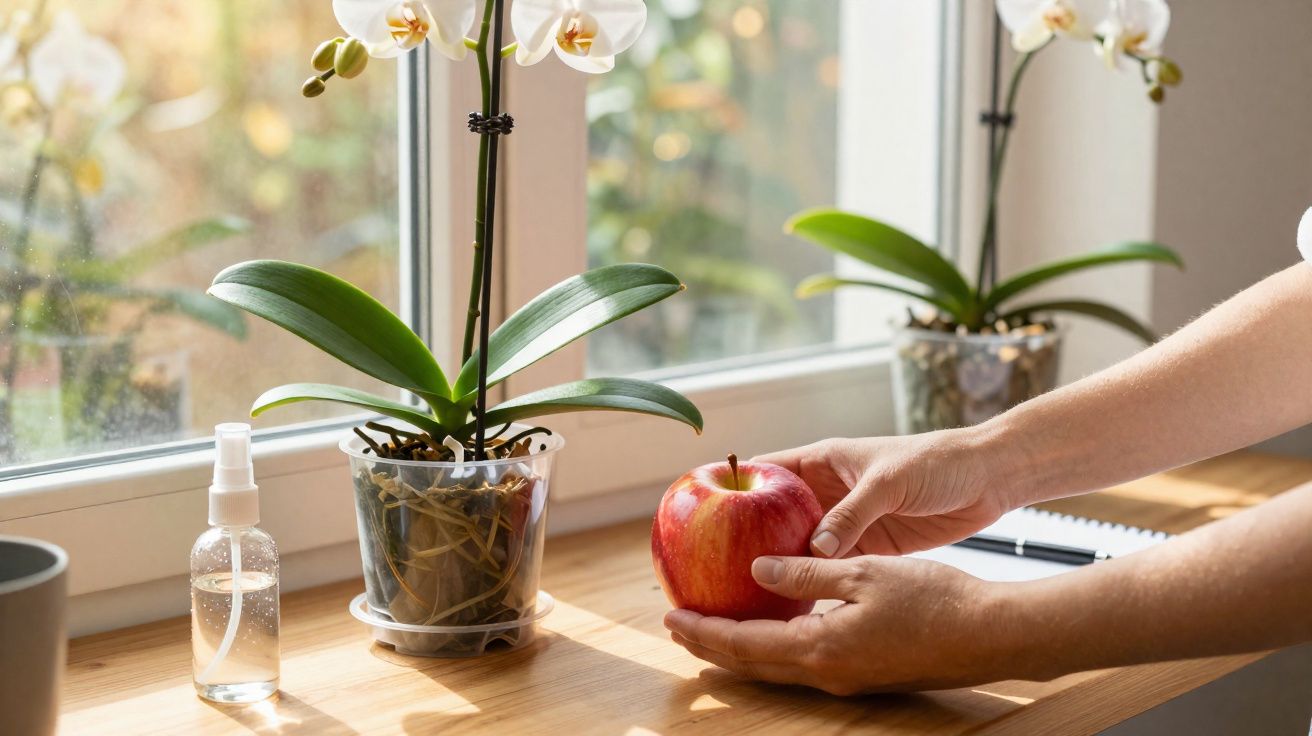 Mãos a segurar uma maçã junto a duas orquídeas brancas junto a uma janela com luz natural.