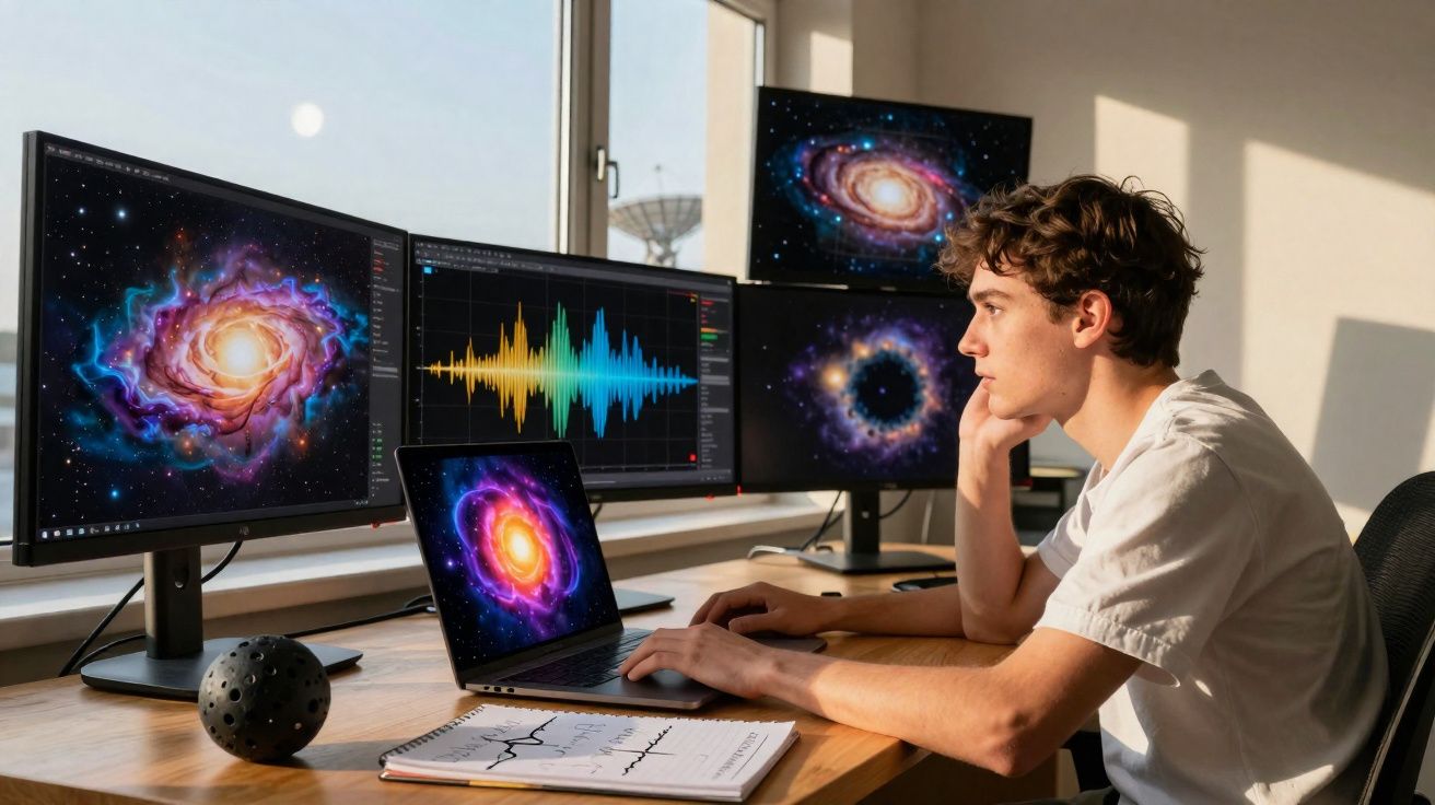 Jovem a analisar imagens e dados de galáxias em vários ecrãs num escritório luminoso.
