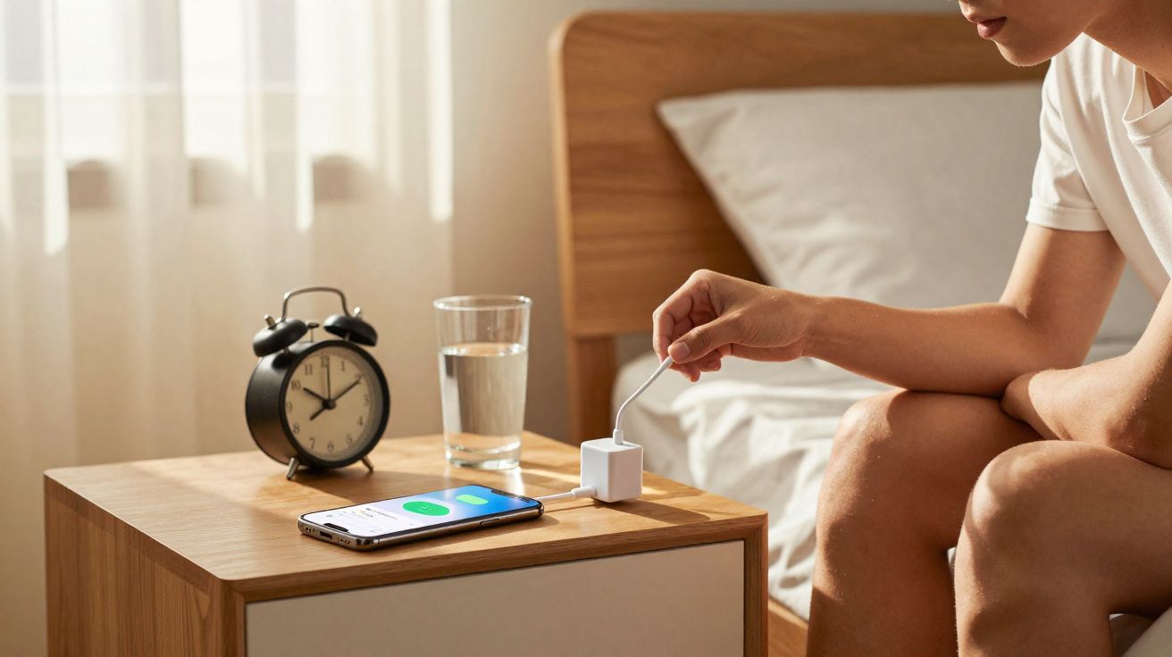 Pessoa a desligar carregador de telemóvel numa mesa de cabeceira com despertador e copo de água ao lado.