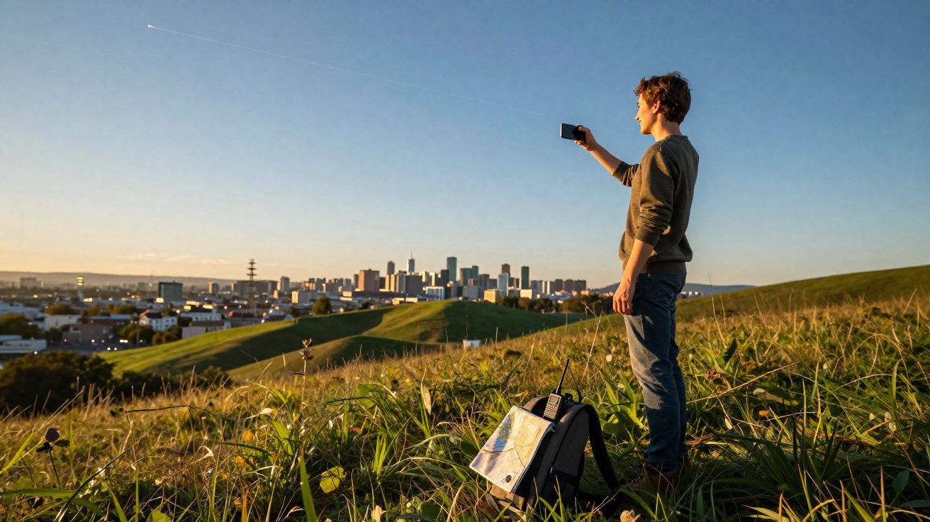 Homem jovem faz selfie numa colina com cidade ao fundo durante pôr do sol, mochila no chão.