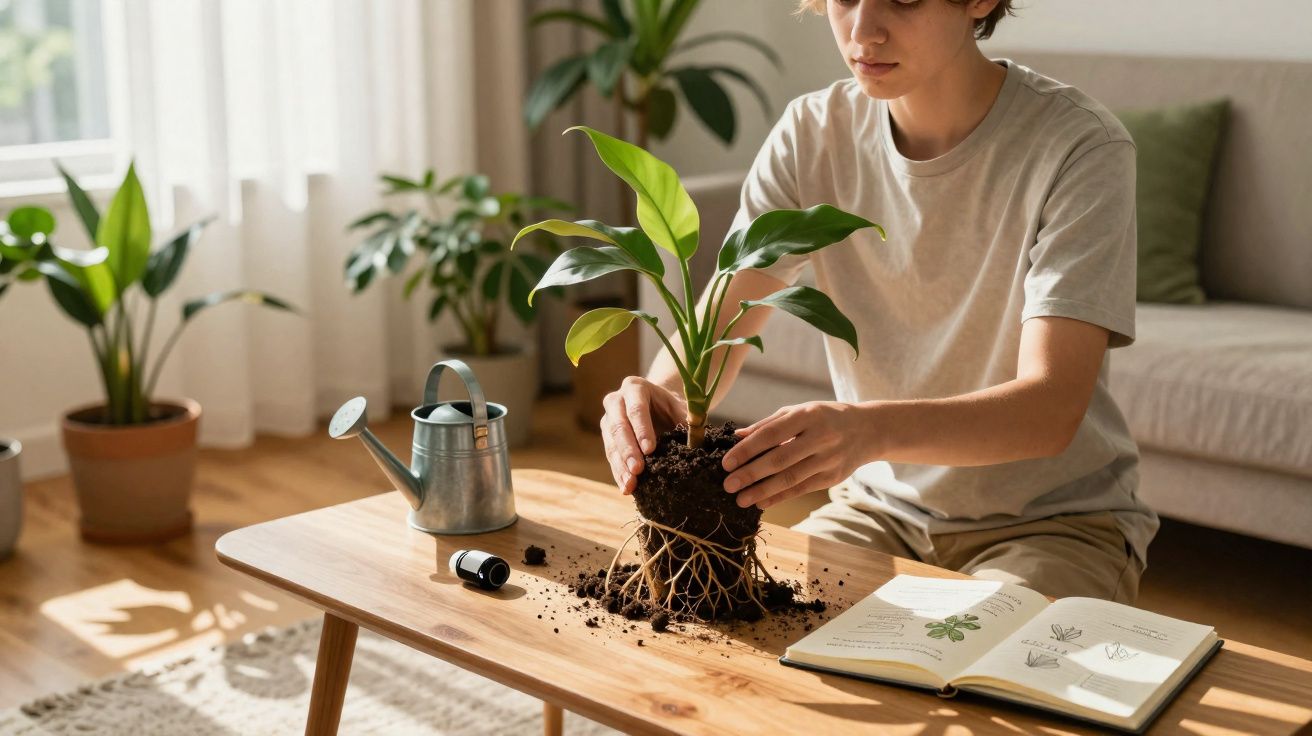 Pessoa transplantando planta com regador e livro de botânica numa sala iluminada.