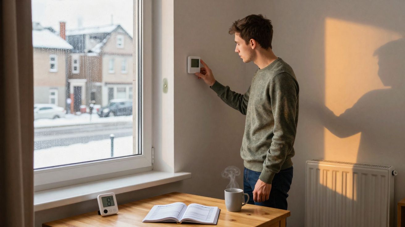 Jovem ajusta termostato na parede perto de mesa com livro aberto e chá fumegante, janela mostra cenário nevado.