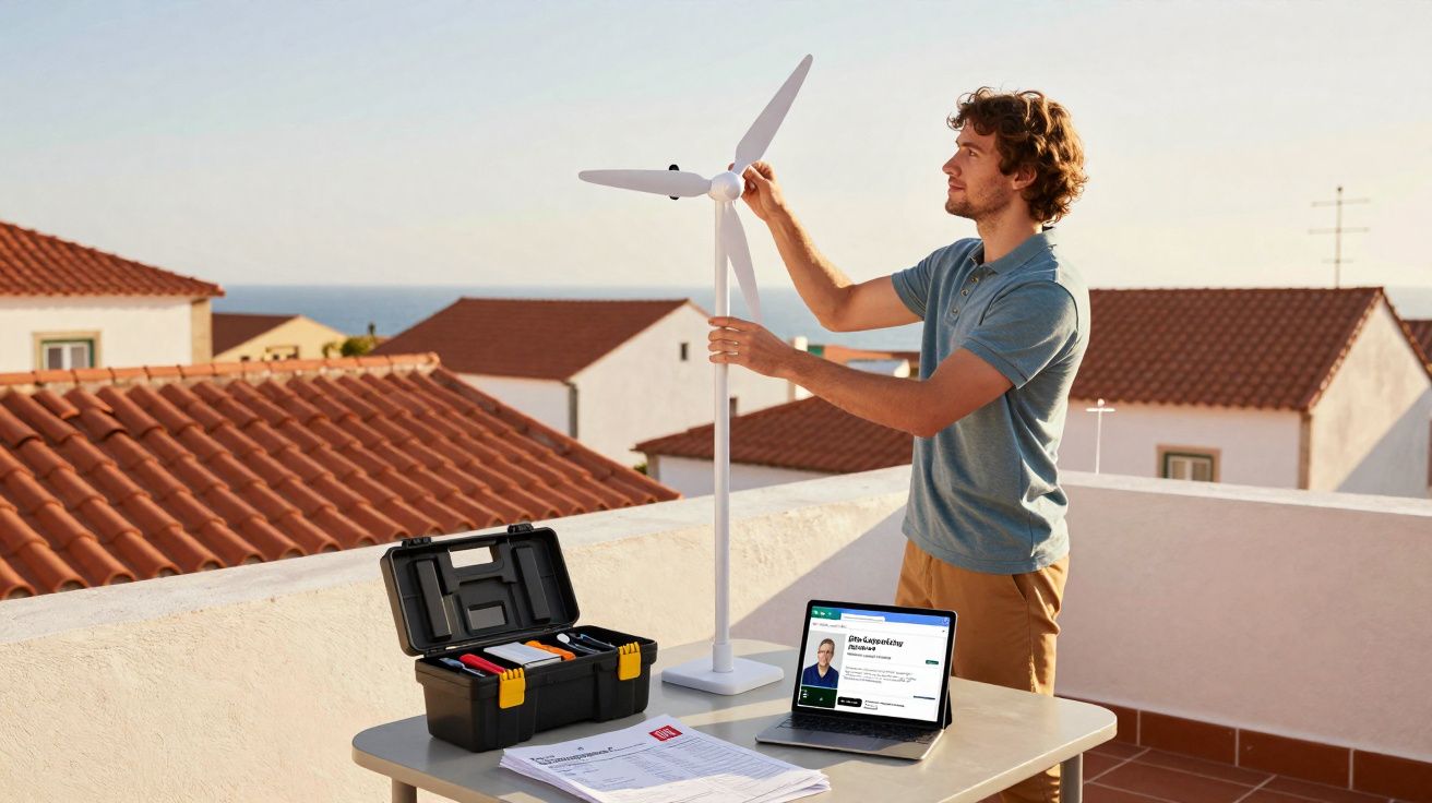 Homem ajusta miniatura de turbina eólica numa varanda com ferramentas e computador portátil.