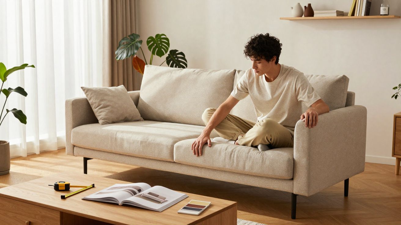 Jovem sentado no sofá da sala, a apontar para o estofado, com amostras e fita métrica na mesa.