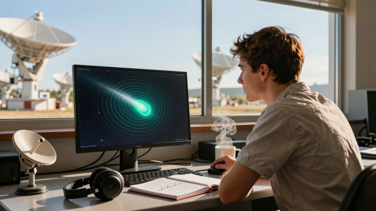 Jovem a observar imagem de cometa numa tela de computador, com antenas parabólicas ao fundo.