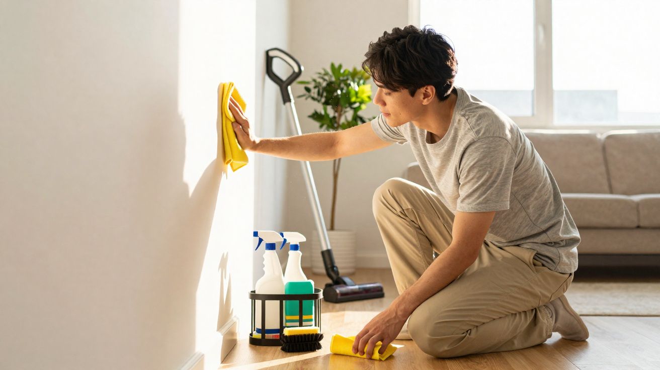 Pessoa jovem limpa a parede de uma sala com um pano amarelo, rodeada por produtos de limpeza.