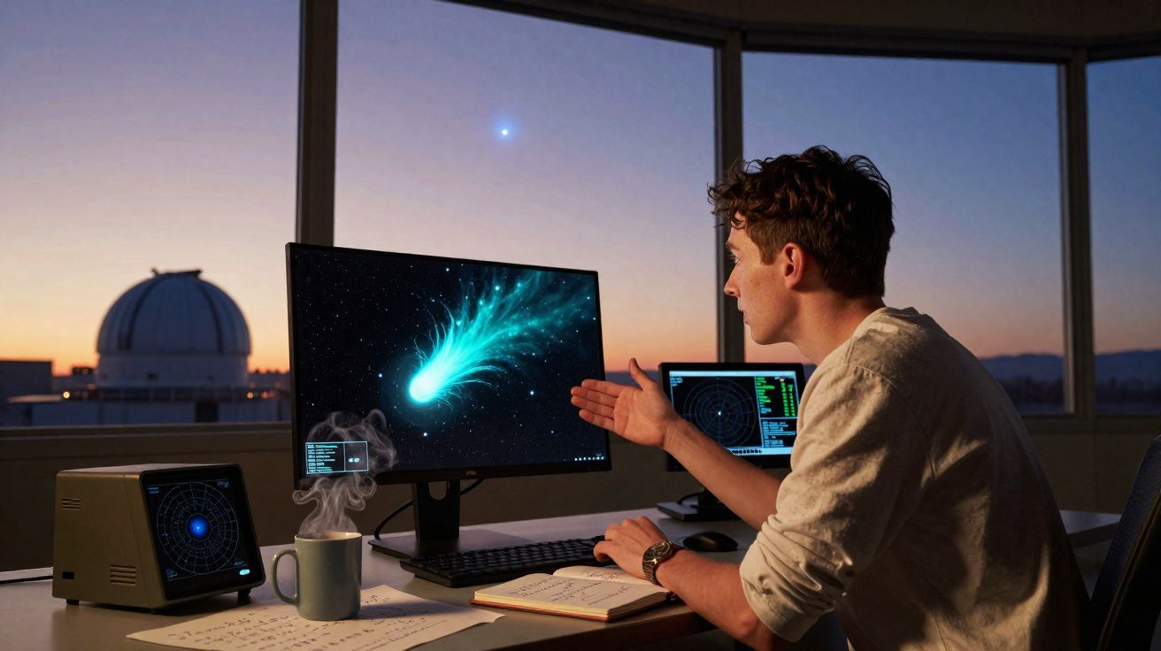 Jovem cientista observa imagem de cometa no computador durante o pôr do sol numa sala com telescópio ao fundo.
