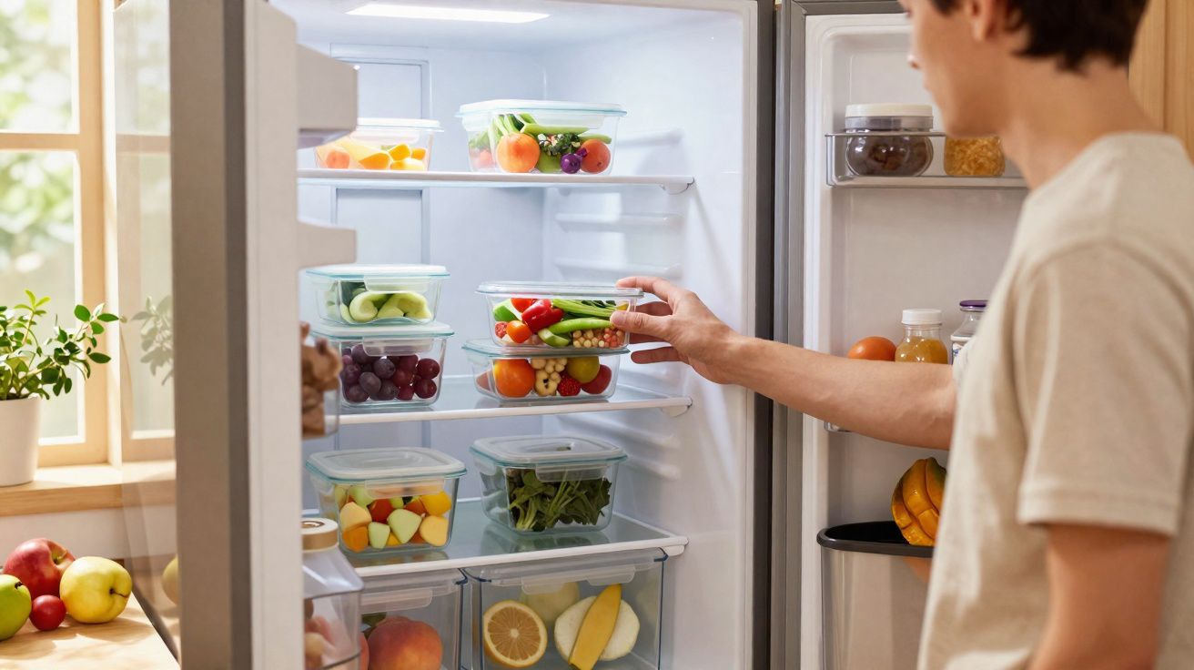 Pessoa a arrumar recipientes de vidro com frutos e legumes frescos numa frigorífico aberto numa cozinha iluminada.