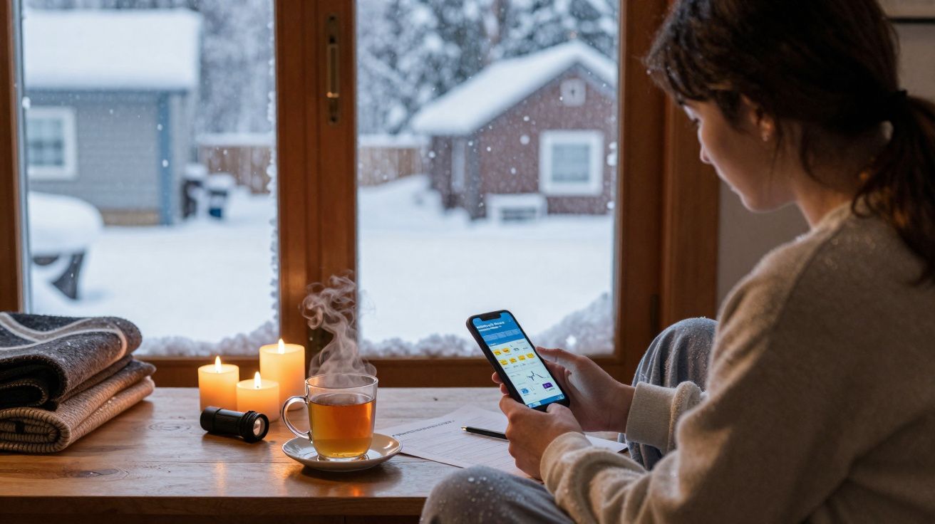 Pessoa a consultar a previsão do tempo numa aplicação móvel junto a uma janela com vista para neve fora.