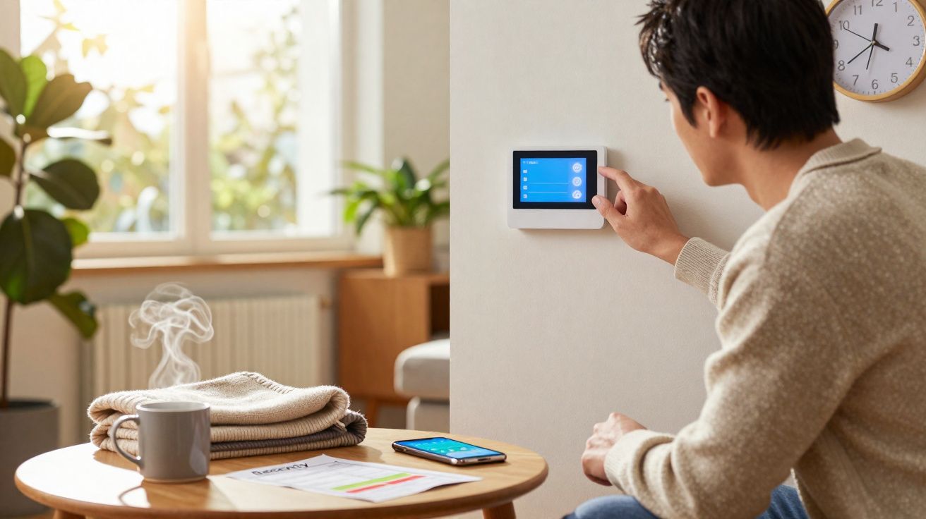 Homem ajusta termostato digital na parede numa sala luminosa com mesa e plantas.