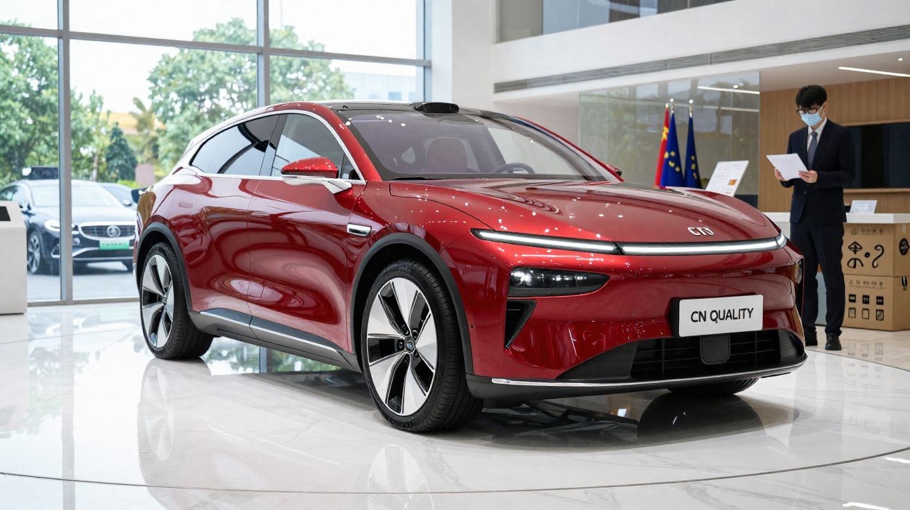 Carro elétrico vermelho exibido em showroom moderno com homem de máscara a ler documentos ao fundo.