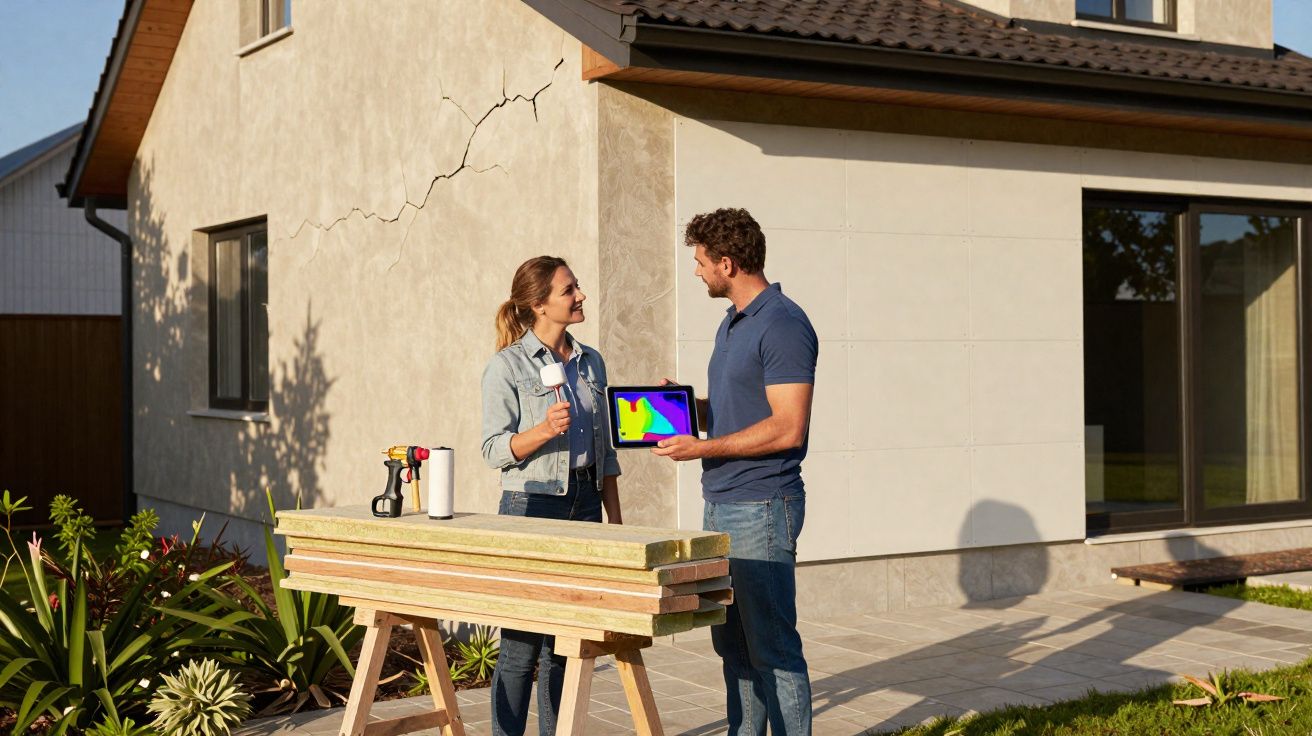 Dois profissionais analizam fissuras numa parede de casa com equipamento de inspeção térmica ao ar livre.