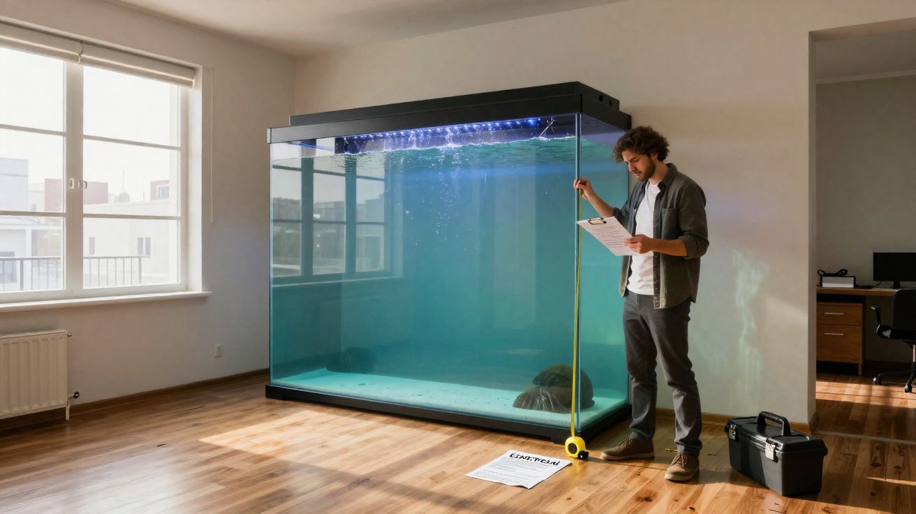 Homem a medir com fita métrica um grande aquário vazio numa sala arejada com chão de madeira.