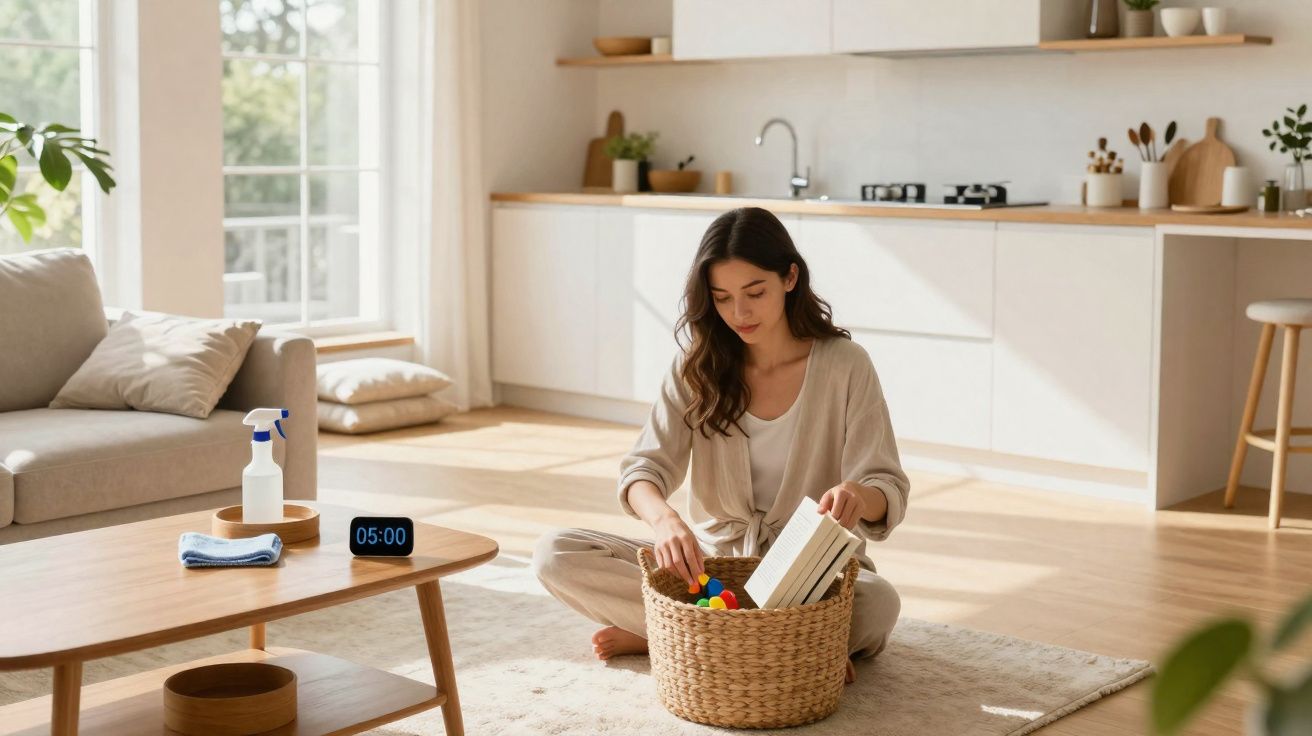 Mulher sentada no chão da sala a arrumar brinquedos e livros numa cesta de vime, luz natural.