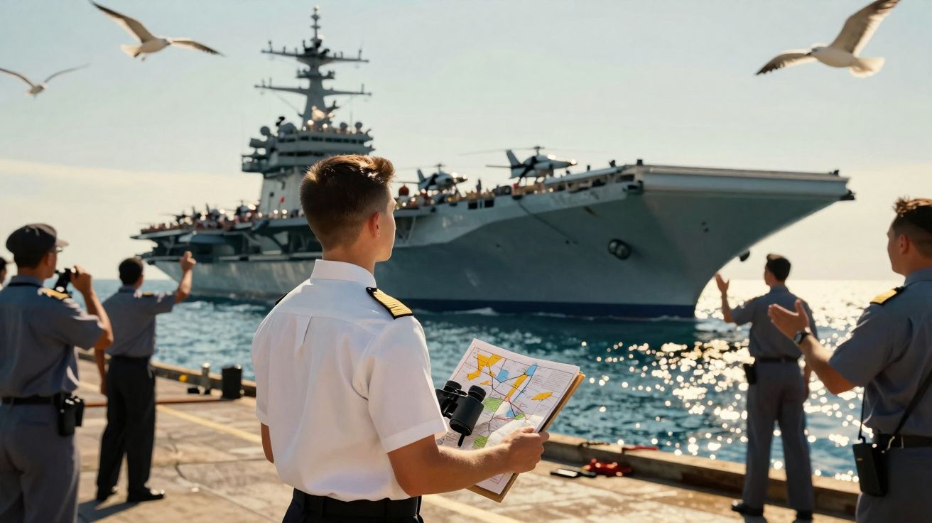 Oficiais navais de farda a observar e saudar porta-aviões prestes a atracar no cais durante o dia ensolarado.