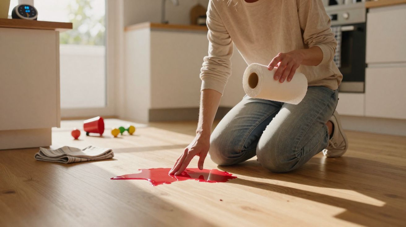Pessoa de joelhos a limpar líquido vermelho derramado no chão da cozinha com papel de cozinha.