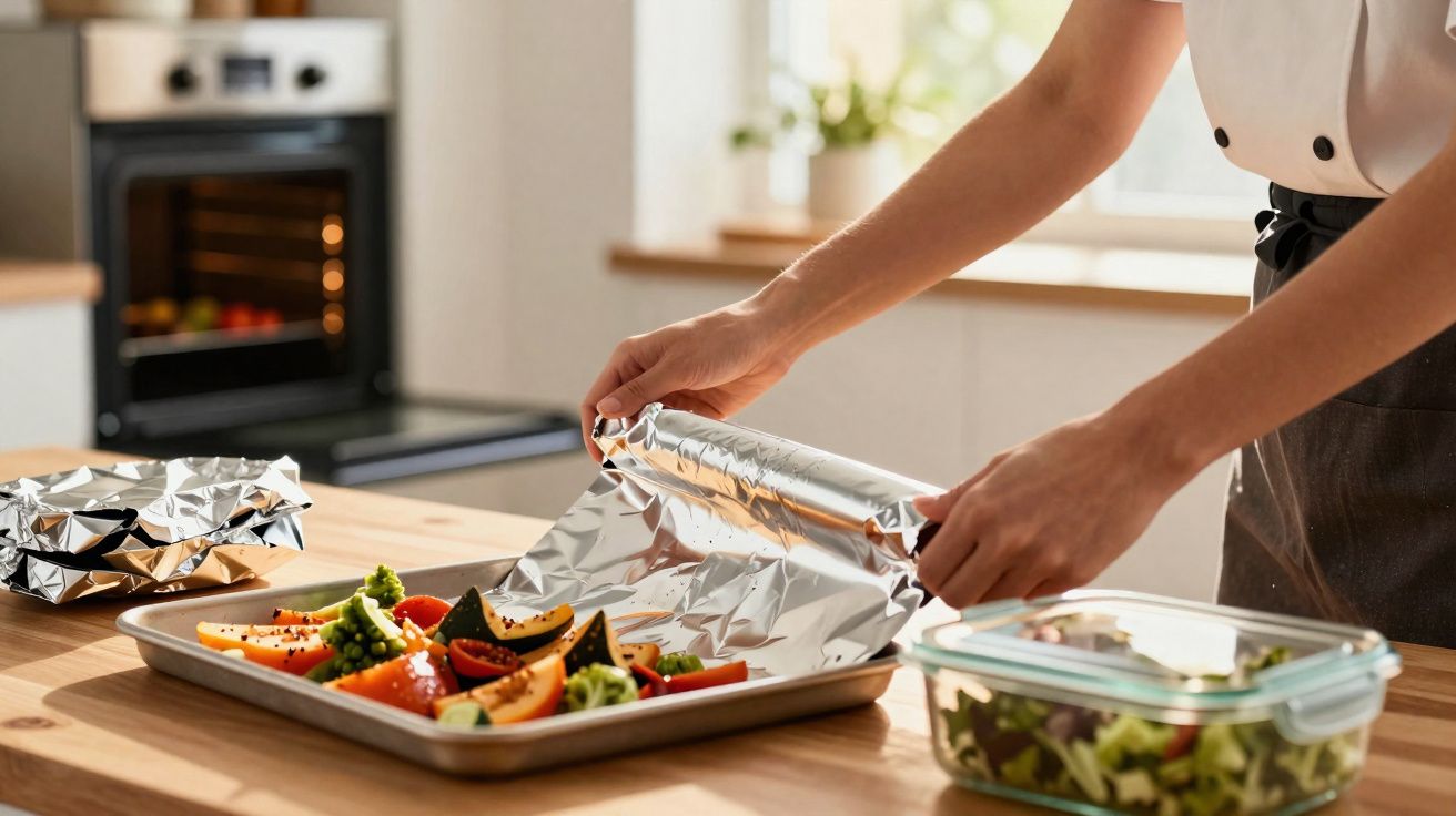 Pessoa a embrulhar legumes frescos numa travessa com folha de alumínio numa cozinha moderna.