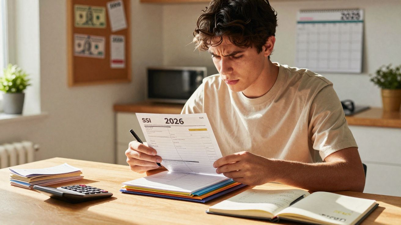 Jovem a estudar documentos e a fazer cálculos numa mesa com calculadora e cadernos.