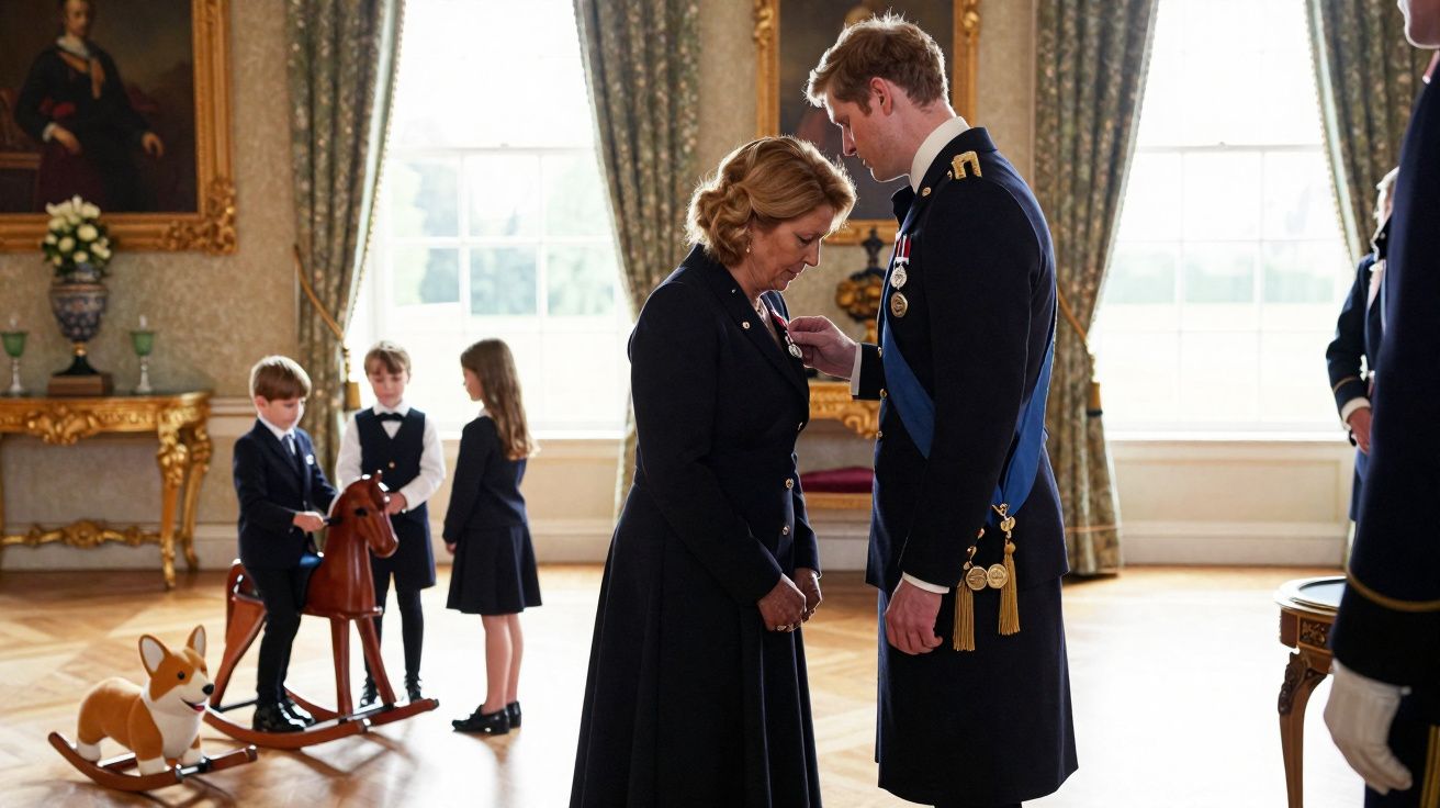 Homem em uniforme militar condecora mulher num salão elegante com três crianças ao fundo.