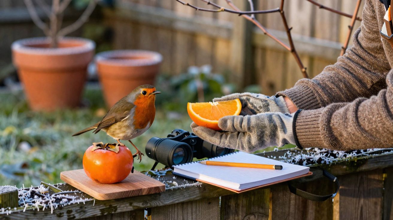 Pardal pousado numa caqui com pessoa de luvas a oferecer uma fatia de laranja num jardim com blocos de notas e binóculos.