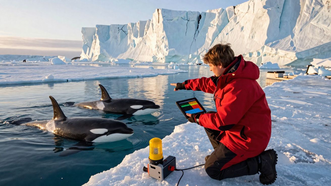 Pessoa com casaco vermelho interage com duas orcas perto de icebergues num ambiente gelado.