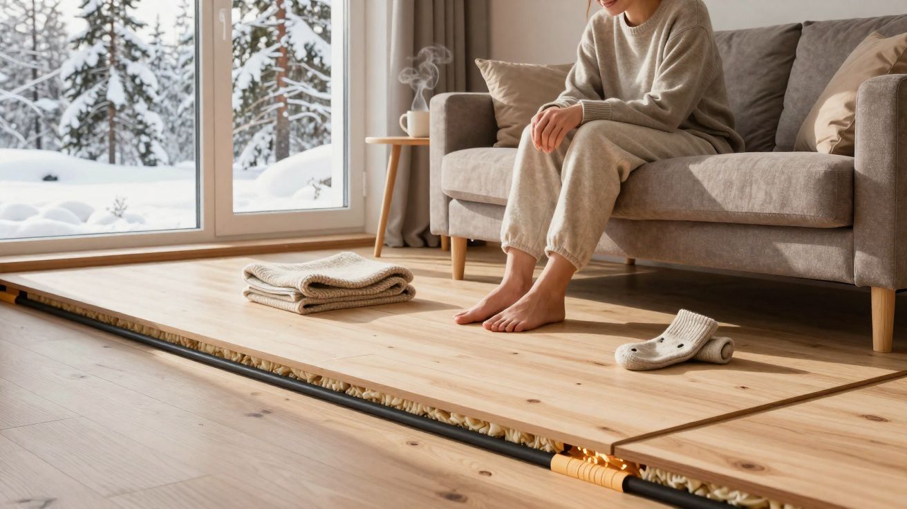 Pessoa sentada no sofá numa sala com chão aquecido e janela com vista para cenário de neve.