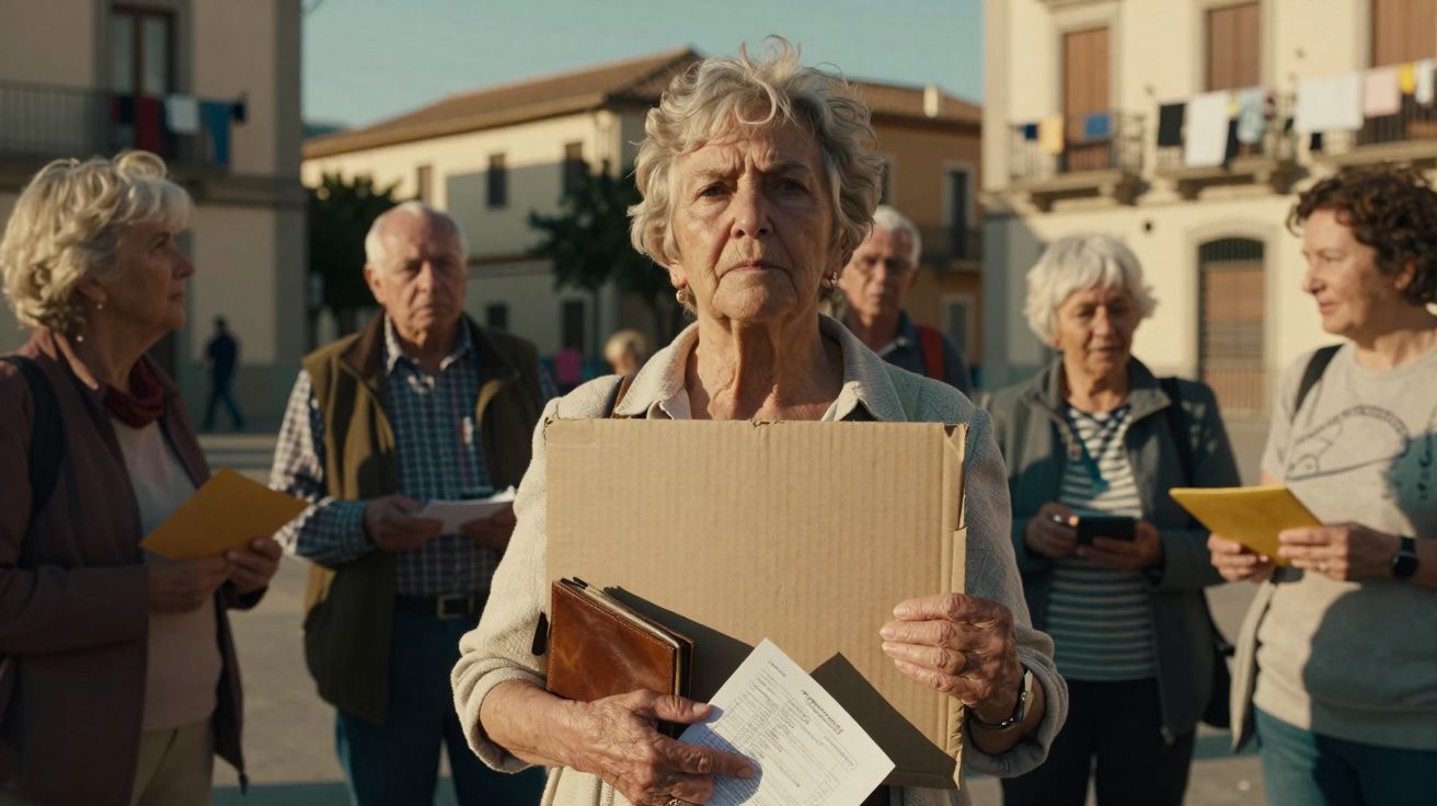Grupo de idosos reunidos ao ar livre, mulher ao centro segura documentos e cartão.