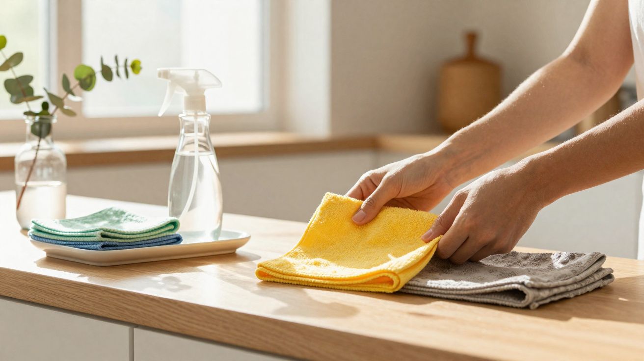 Mãos a organizar panos coloridos numa superfície de madeira com pulverizador e planta ao fundo.