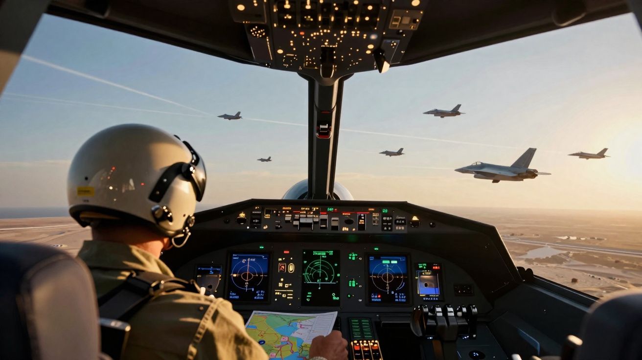 Piloto dentro de cockpit de avião militar com seis caças a voar no céu ao pôr do sol.