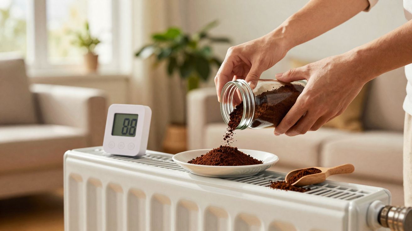 Mãos a deitar pó de café num prato sobre um radiador com termómetro digital num ambiente doméstico.