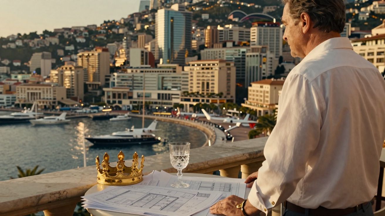 Homem observa marina e edifícios enquanto analisa plantas, com uma coroa e um copo na varanda.