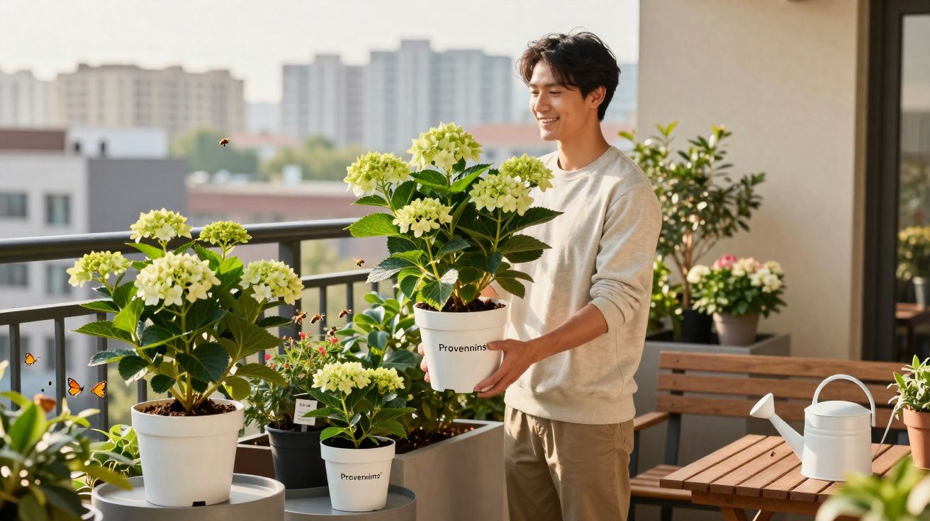 Homem sorridente a cuidar de flores em vasos num terraço com plantas e jardim urbano ao fundo.