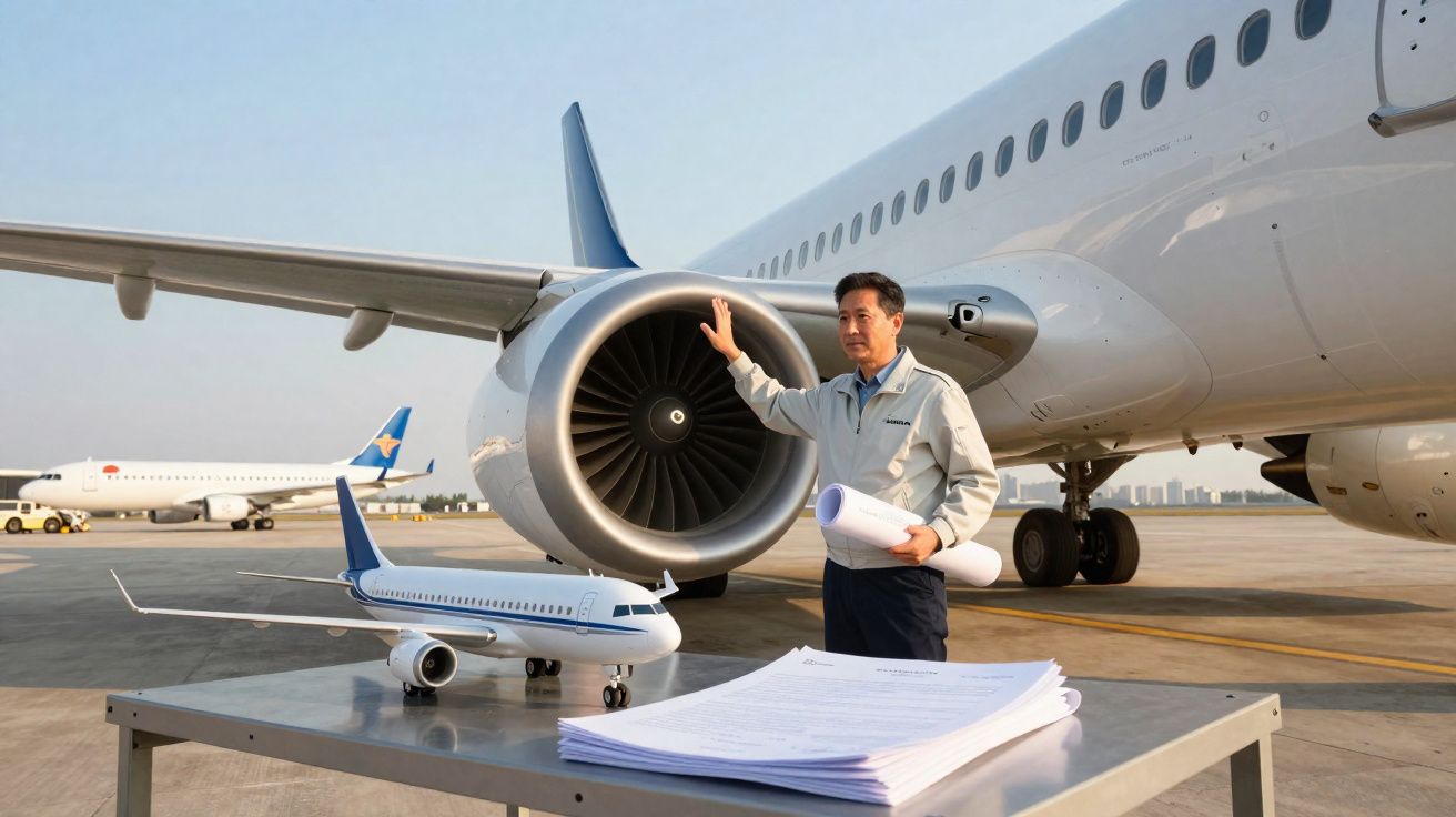 Engenheiro a inspecionar turbina de avião com modelo reduzido e papéis numa mesa no aeroporto.