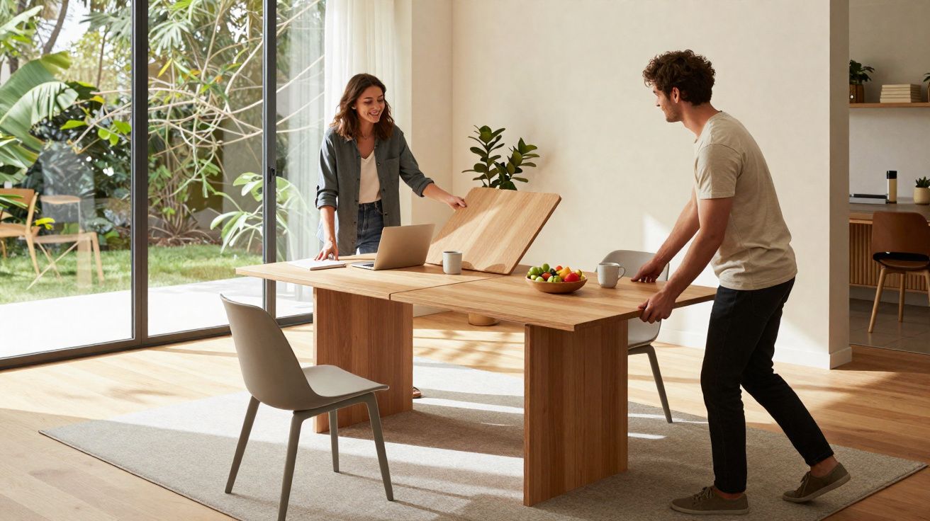 Casal a abrir mesa de madeira extensível numa sala iluminada com vista para o jardim.