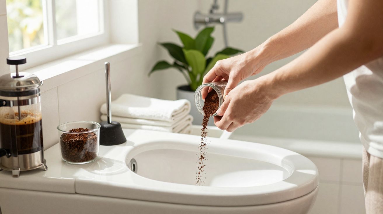 Mãos a deitar café moído na sanita de uma casa de banho iluminada com janela e plantas.