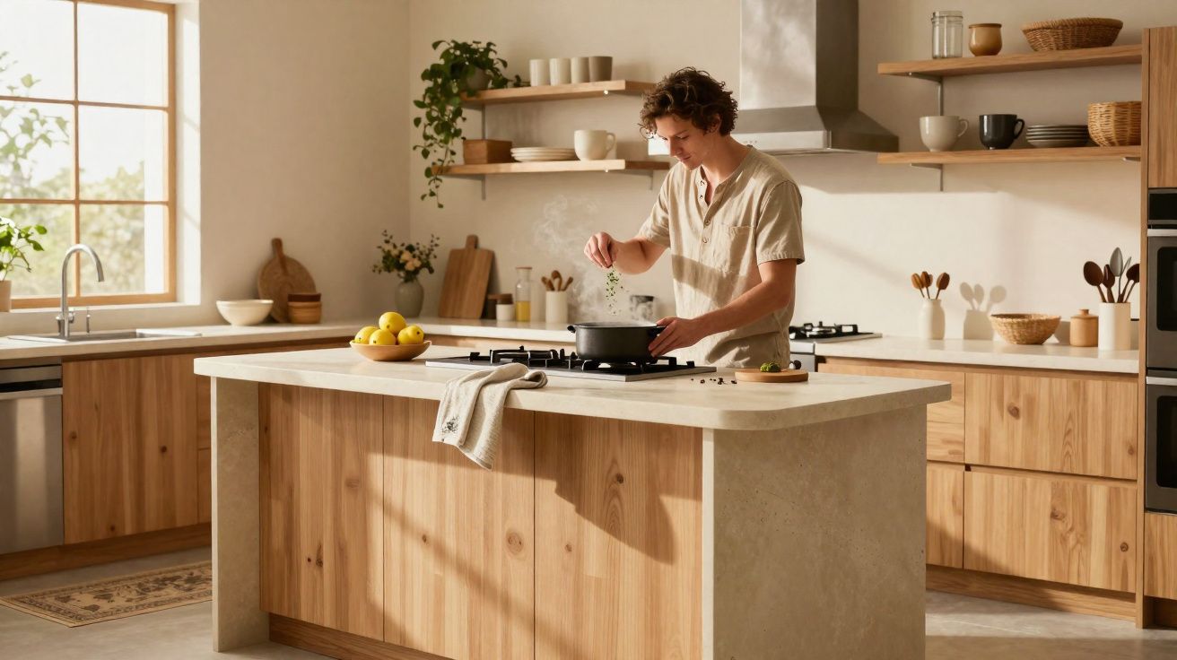 Homem a cozinhar numa cozinha moderna com móveis de madeira e luz natural a entrar pela janela.