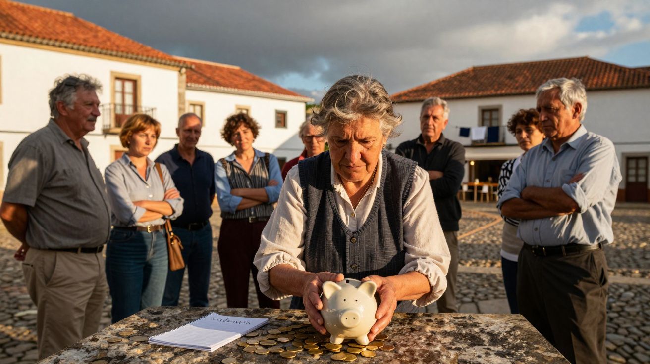 Grupo de pessoas sérias com uma mulher a segurar um mealheiro junto a várias moedas numa mesa exterior.