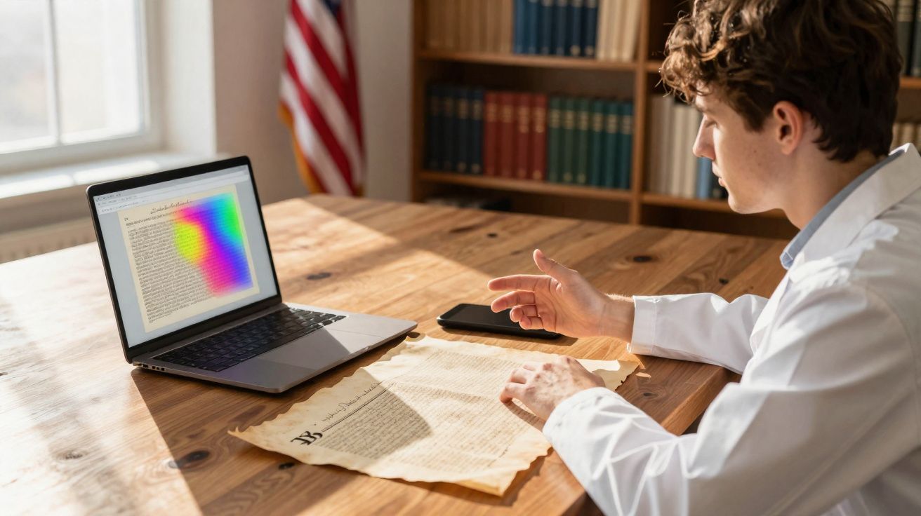 Jovem a analisar documento antigo ao lado de computador e smartphone numa mesa de madeira.