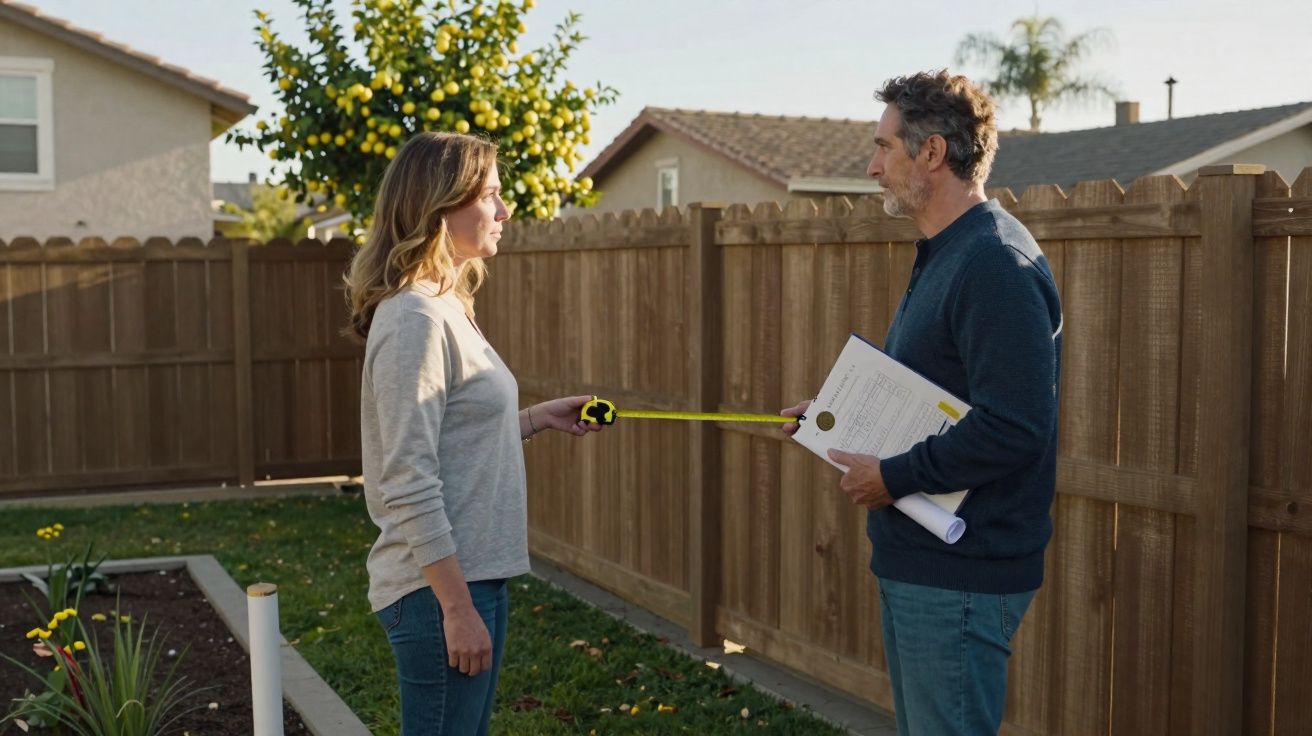 Duas pessoas a medir a distância entre duas casas, usando uma trena amarelo e segurando documentos.