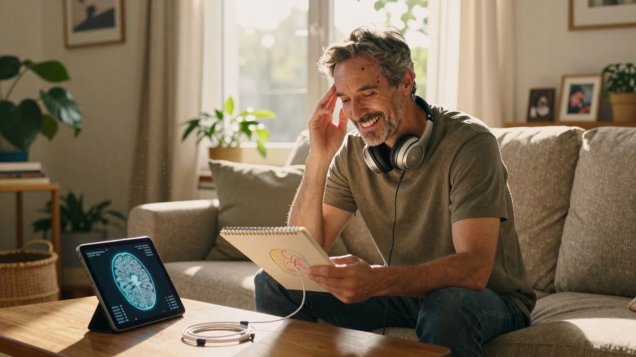 Homem com auscultadores sentado no sofá a estudar ilustração do cérebro com tablet à frente.