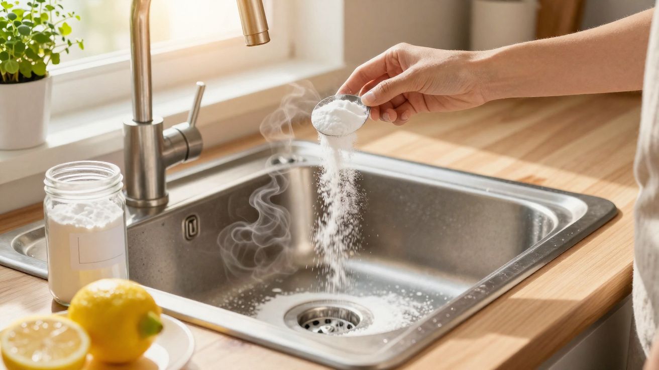 Mão a deitar bicarbonato de sódio na pia de cozinha de inox, ao lado de limões e jarra com pó branco.