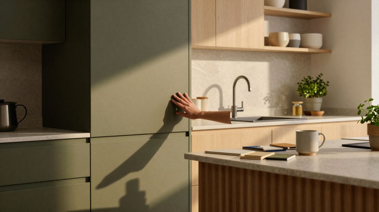 Braço estendido a abrir armário verde numa cozinha moderna com bancada de madeira clara e louça.