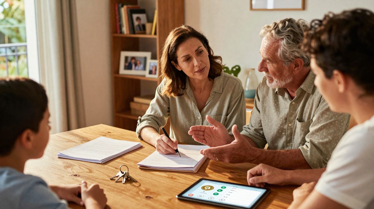 Família sentada à mesa a discutir documentos e usar tablet num ambiente doméstico acolhedor.