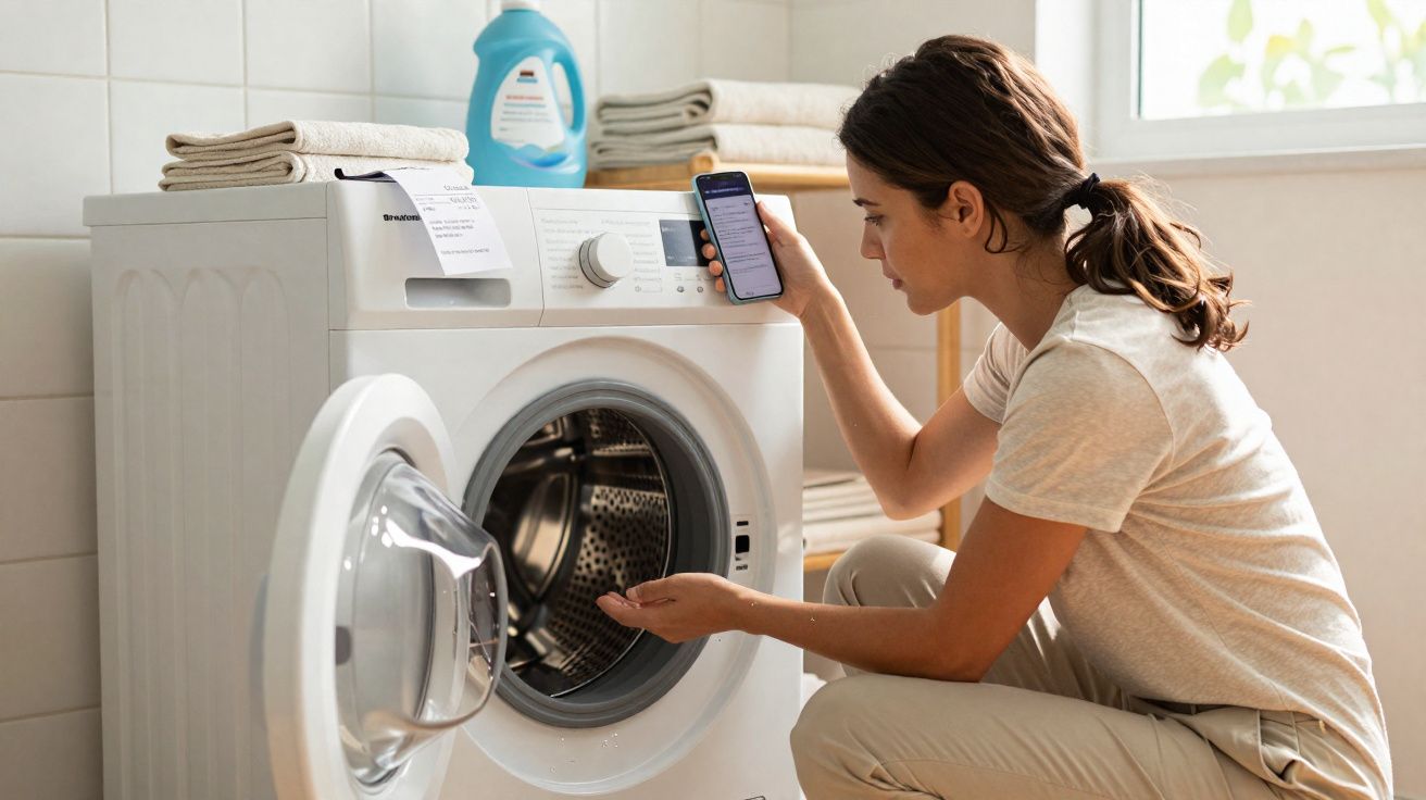 Mulher a verificar instruções no telemóvel junto a máquina de lavar roupa aberta numa lavandaria.